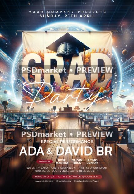 Cosmic Classroom Graduation Party Flyer PSD Template — PSD template preview