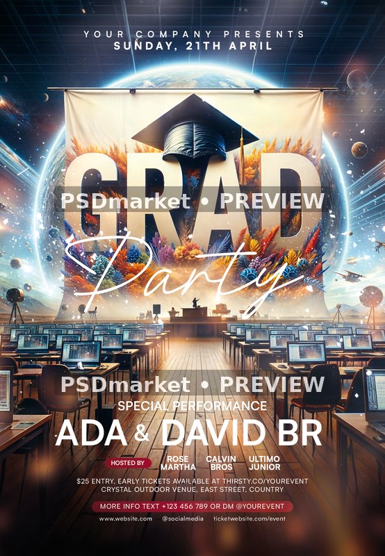 Cosmic Classroom Graduation Party Flyer PSD Template — PSD template preview