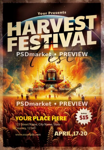Cosmic Combine Harvest Festival Flyer PSD Template — PSD template preview
