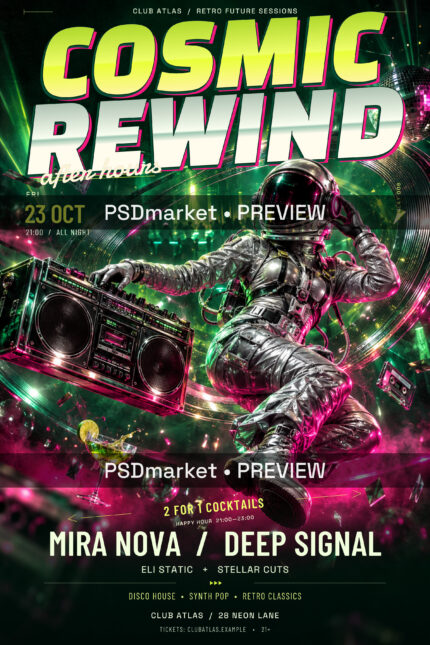 Cosmic Rewind retro club flyer with lime and chrome lettering, an astronaut carrying a boombox, green lasers and pink disco lighting; two PSDmarket preview watermark bands.