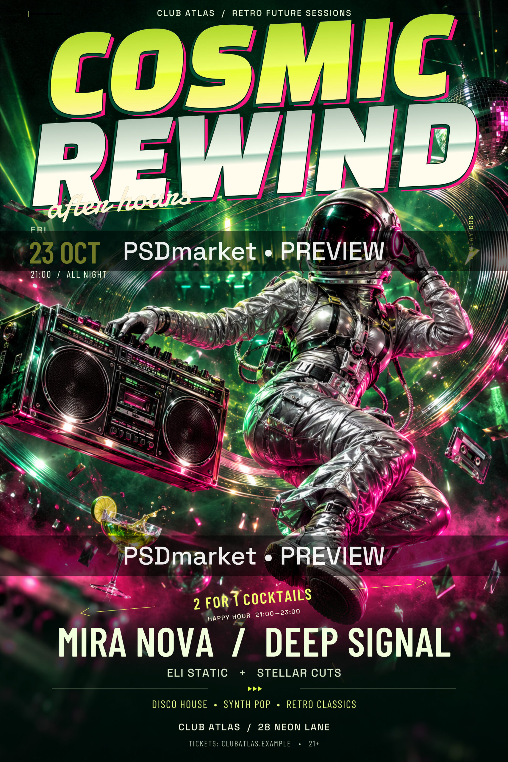 Cosmic Rewind Retro Astronaut Club Flyer PSD Template — PSD template preview