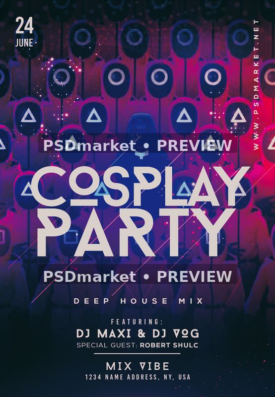 Cosplay Party Neon Masked Guards Flyer PSD Template — PSD template preview