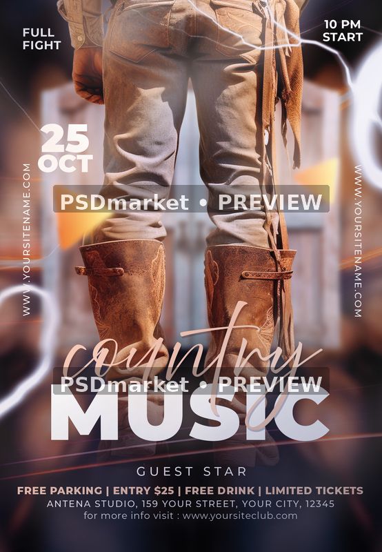 Country Music Cowboy Boots Flyer PSD Template — PSD template preview