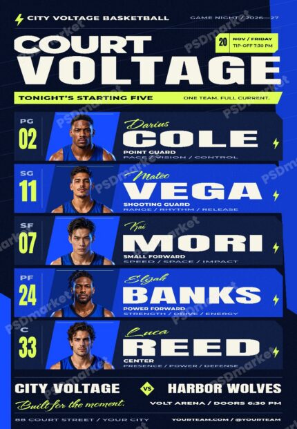 Court Voltage Starting Five Basketball Flyer PSD Template — PSD template preview
