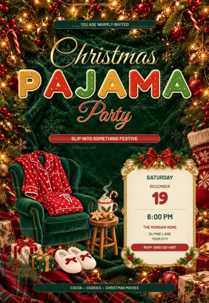 Cozy Christmas Pajama Party flyer with emerald velvet, cookie-style PAJAMA letters, red pajamas on a green chair and an ornate gold event plaque; watermarked preview.