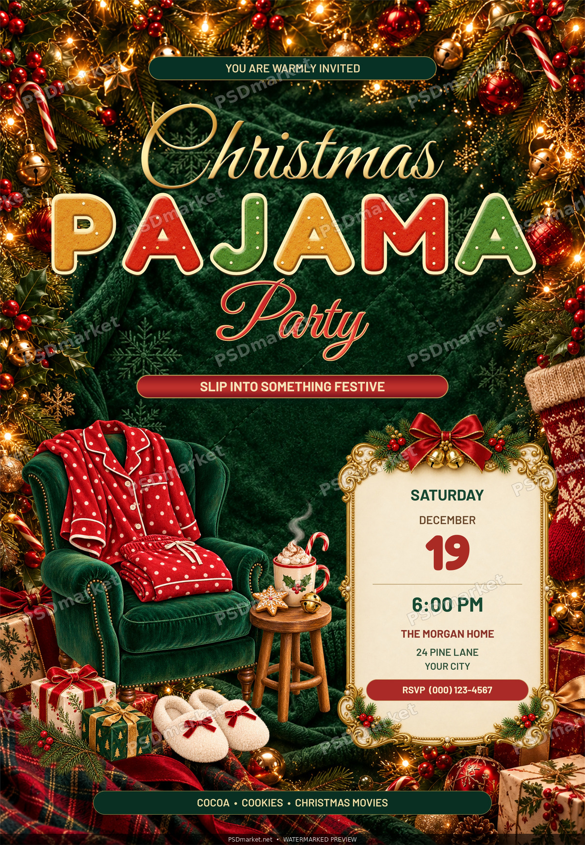 Cozy Christmas Pajama Party PSD Flyer — PSD template preview