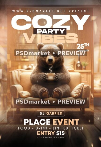 Cozy Coffee Bear Party Flyer — reduced watermarked source artwork preview