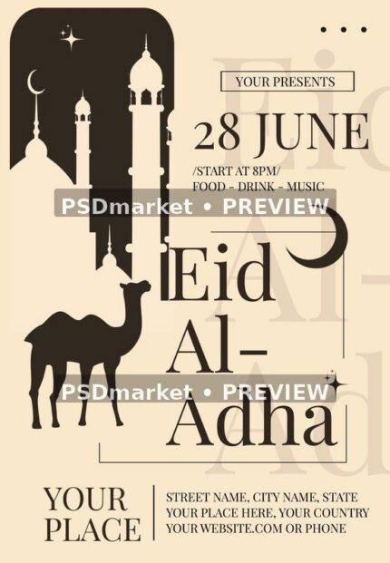 Cream and brown Eid Al Adha flyer with mosque silhouettes, camel, crescent moons and preview watermarks