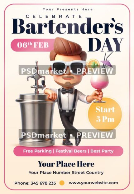Cream and pink Bartenders Day flyer with cartoon bartender, cocktail glass and metal drink dispenser