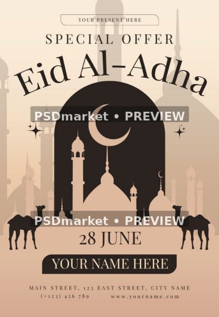 Cream Crescent Eid Al-Adha Flyer PSD Template — PSD template preview