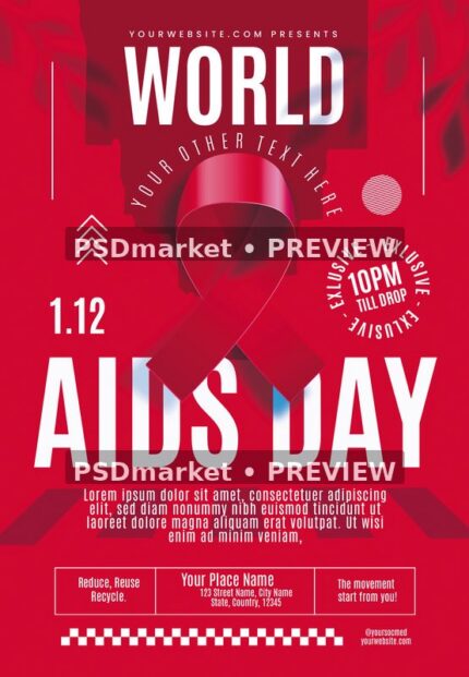 Crimson Ribbon Typography World AIDS Day Flyer PSD Template — PSD template preview