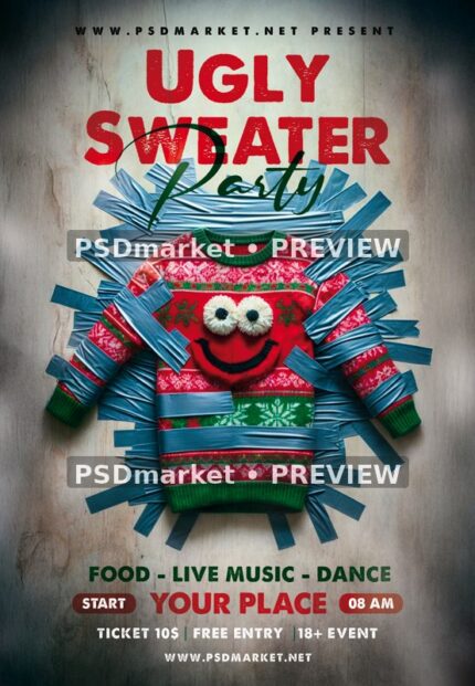 Crisscross Tape Ugly Sweater Party Flyer PSD Template — reduced watermarked source artwork preview