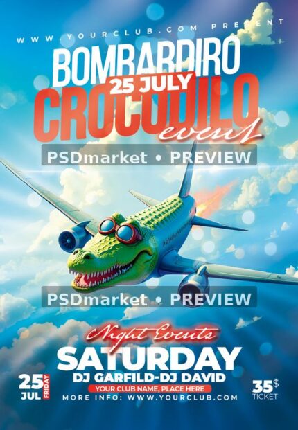 Blue sky party flyer with surreal crocodile headed airplane, cloudscape and red white event typography. Two horizontal PSDmarket preview watermarks.