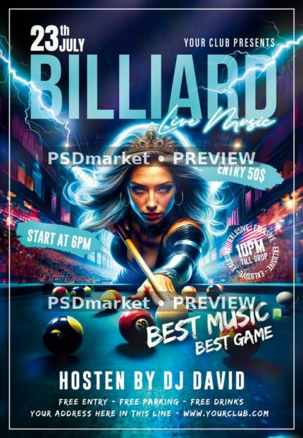 Crowned Pool Player Lightning Billiard Flyer — reduced watermarked source artwork preview