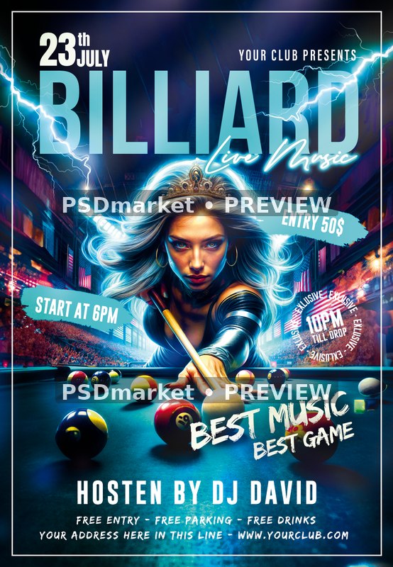 Crowned Pool Player Lightning Billiard Flyer PSD Template — PSD template preview