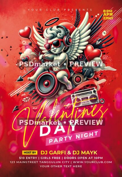 Cupid DJ Valentine's Day Flyer PSD Template — PSD template preview