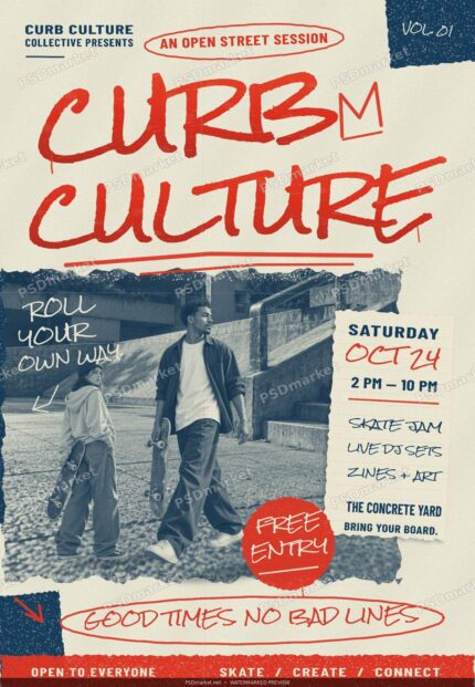 Curb Culture skate jam flyer with red handwritten headline, navy skater collage and cream paper, protected with PSDmarket watermarks.