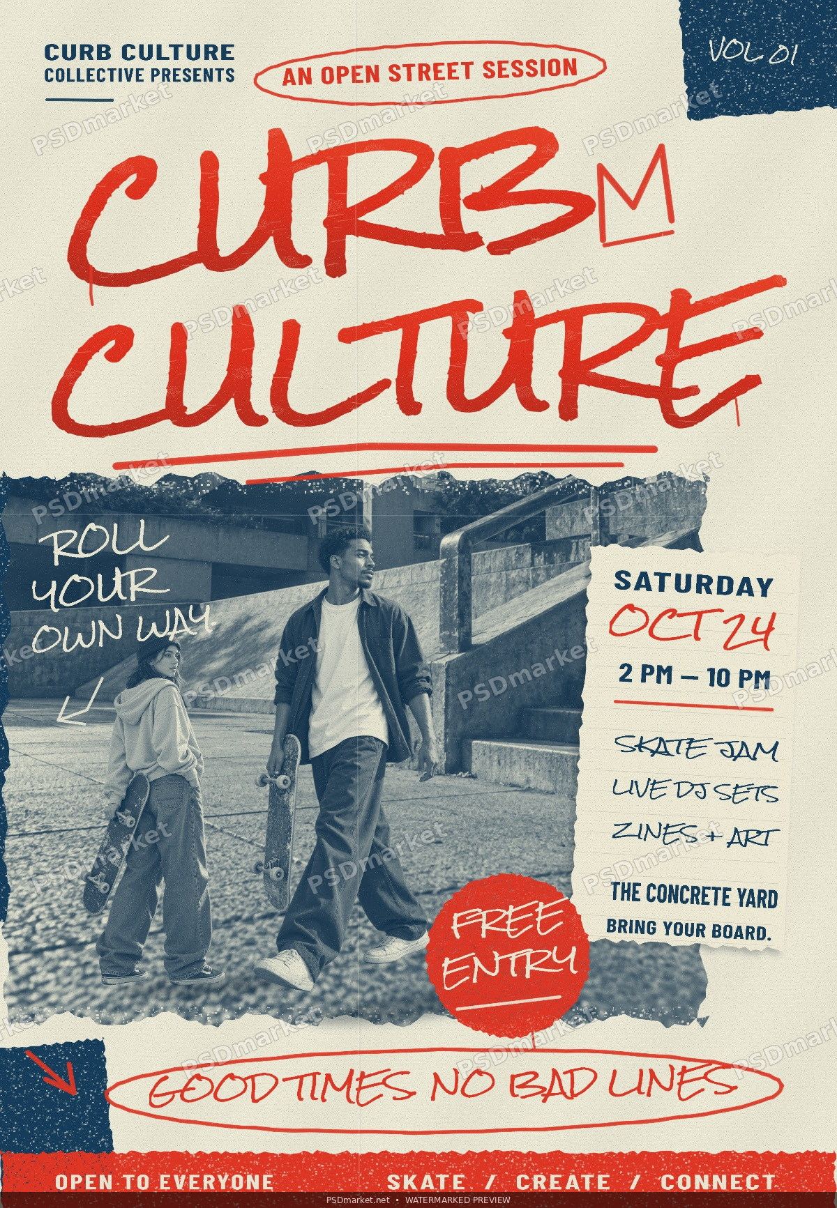 Curb Culture skate jam flyer with red handwritten headline, navy skater collage and cream paper, protected with PSDmarket watermarks.
