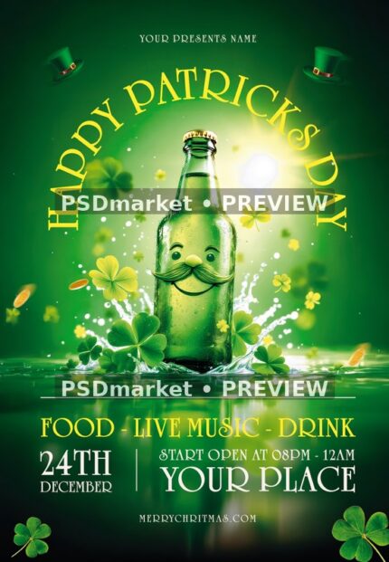Curled Mustache Bottle Patrick's Day Flyer — watermarked source artwork preview