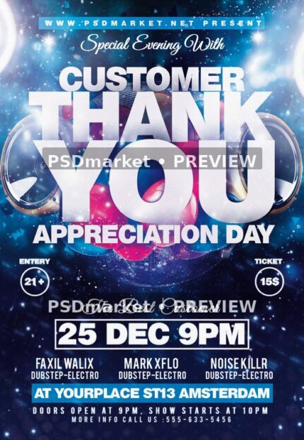 Customer Appreciation Blue Speakers Flyer with two horizontal PSDmarket preview watermarks