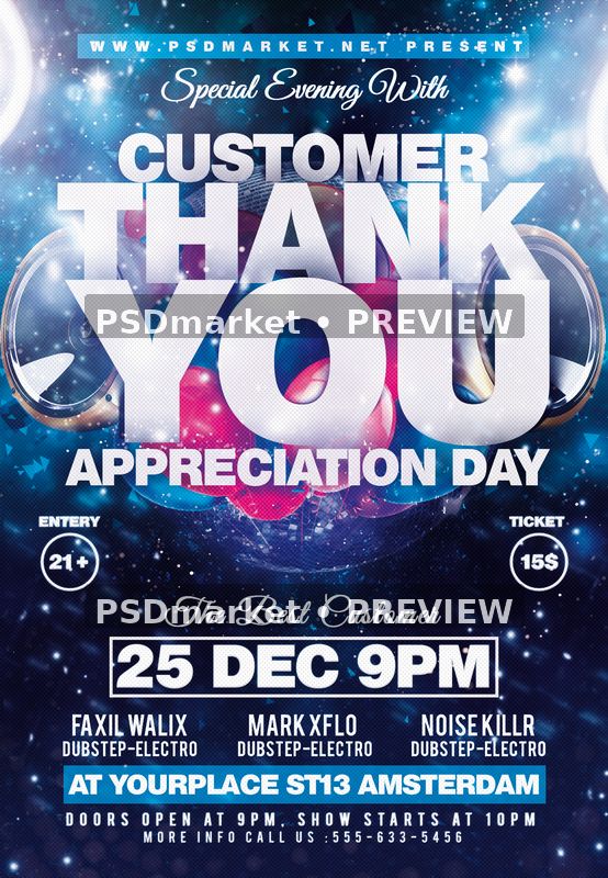 Customer Appreciation Blue Speakers Flyer with two horizontal PSDmarket preview watermarks