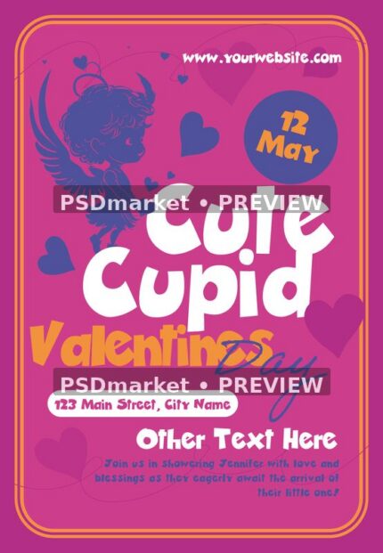 Pink Cute Cupid flyer with purple winged silhouette, floating hearts, oversized white typography and orange border.