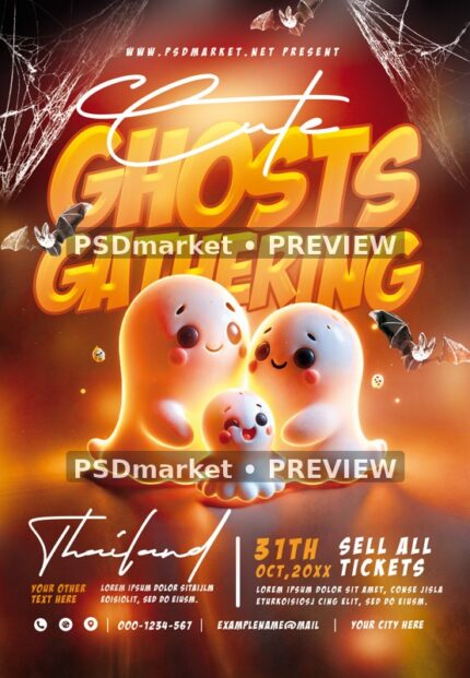 Cute Ghost Trio Halloween Gathering Flyer PSD Template — reduced watermarked source artwork preview