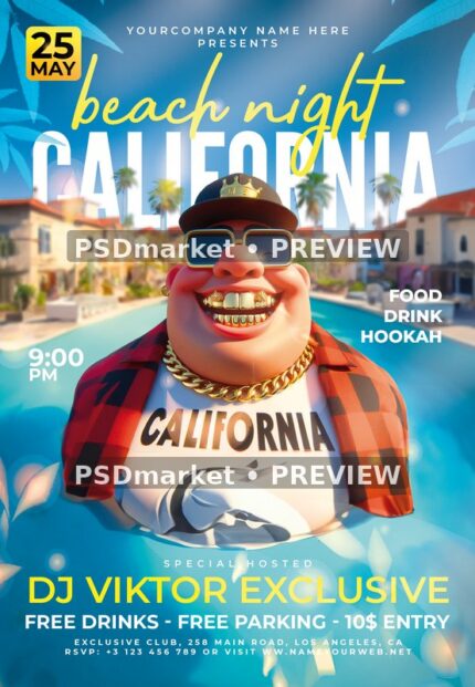 Cyan Plaid Shirt California Beach Night Flyer — reduced watermarked source artwork preview