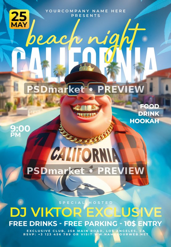 Cyan Plaid Shirt California Beach Night Flyer PSD Template — PSD template preview