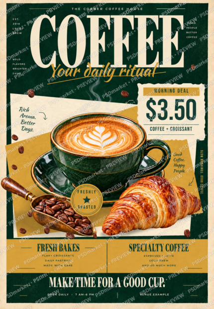 The Daily Ritual Coffee Flyer editable PSD; protected PSDmarket preview