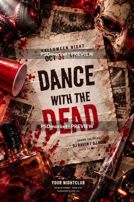 Dance With the Dead Halloween party flyer with distressed paper, cracked masquerade mask, red nightclub lighting and two PSDmarket preview bands