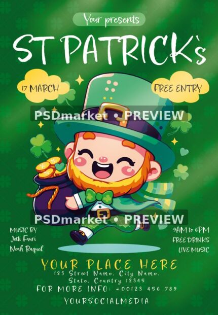 Green celebration flyer with dancing cartoon leprechaun and pot of gold, shown with two horizontal preview watermarks
