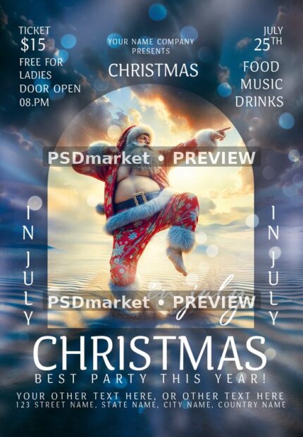 Dancing Santa Beach Christmas in July Flyer — reduced watermarked source artwork preview