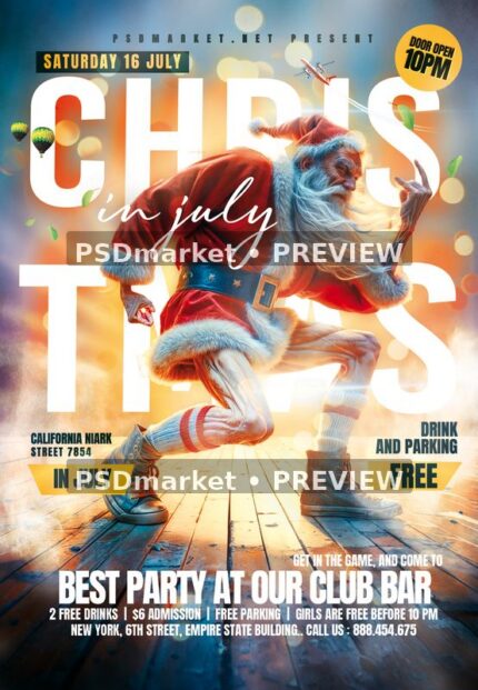 Christmas in July party flyer with dancing Santa, warm lights, large white headline and yellow labels