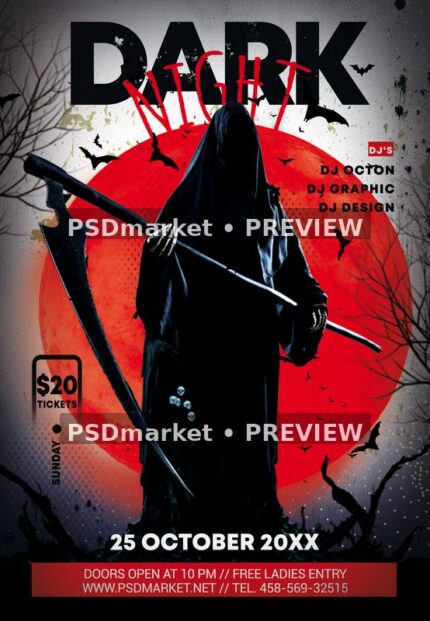 Dark Night Halloween flyer with a hooded reaper, scythe, red moon, bats and two horizontal PSDmarket preview watermarks