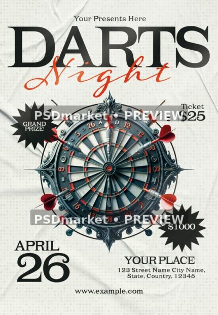 Darts Night Vintage Target Flyer PSD Template — PSD template preview