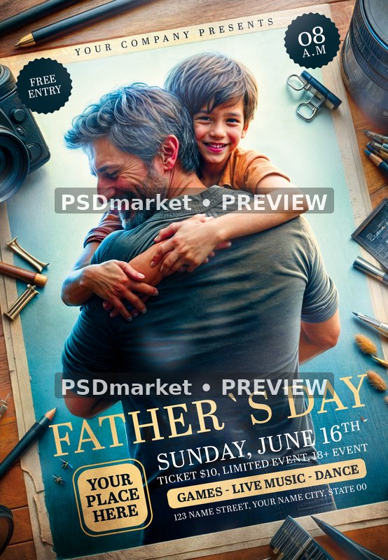 Desk Photo Piggyback Fathers Day Flyer PSD Template — PSD template preview