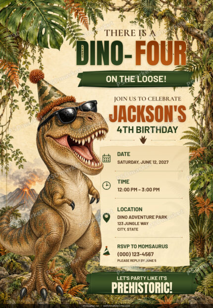 Dino-Four fourth-birthday invitation with a party T-rex in sunglasses, jungle background, green ribbons and editable event details; watermarked PSDmarket preview.