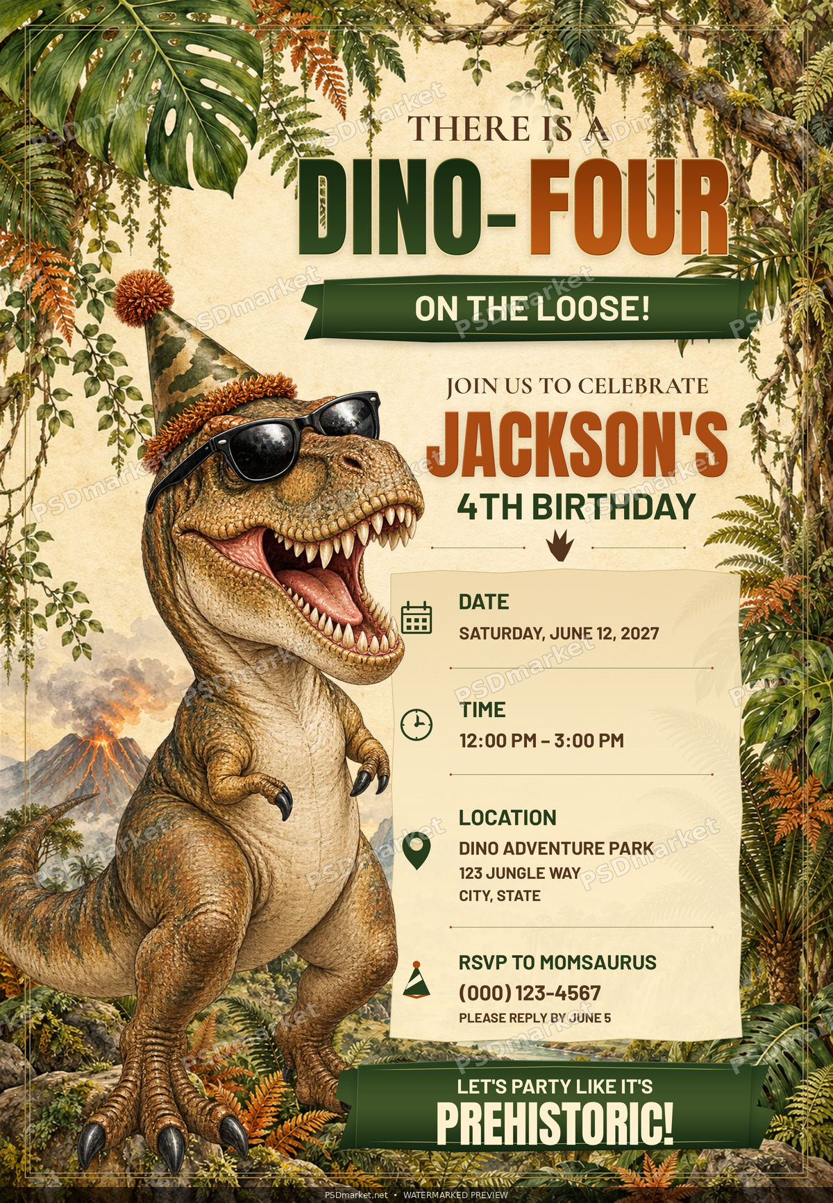 Dino-Four fourth-birthday invitation with a party T-rex in sunglasses, jungle background, green ribbons and editable event details; watermarked PSDmarket preview.
