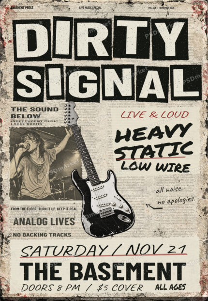 Dirty Signal Punk Newspaper Rock Flyer PSD Template with the standard PSDmarket watermark