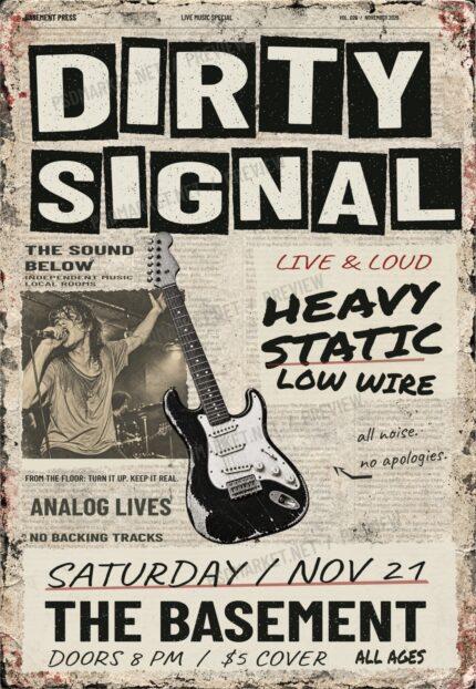 Final protected preview of the Dirty Signal punk newspaper flyer, with distressed letter tiles, halftone singer, guitar cutout and PSDmarket watermarks.