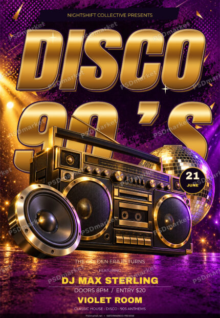 Disco 90s flyer with warm metallic gold headline, vintage boombox and speaker on a purple illuminated stage
