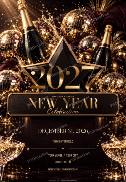 Disco Noir 2027 New Year flyer with metallic silver typography, mirrored disco balls and dark party scene; watermarked preview