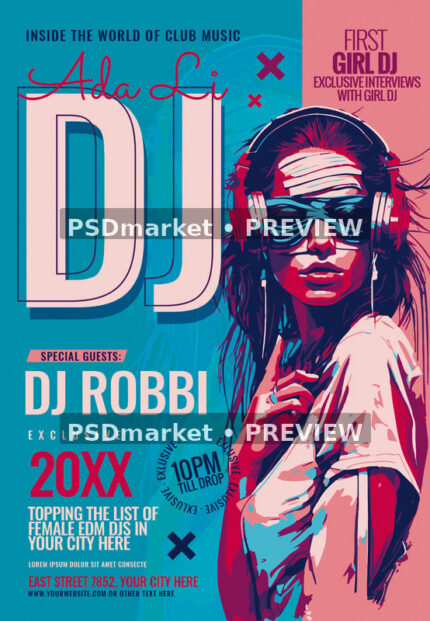 DJ cover-style flyer with a headphone-wearing illustrated figure, oversized DJ lettering and turquoise and pink color blocks