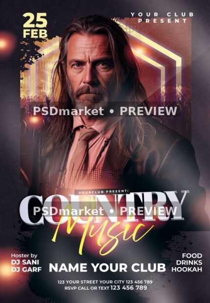 Country Music flyer with dramatic long-haired portrait, warm stage lights, white title and two preview watermarks