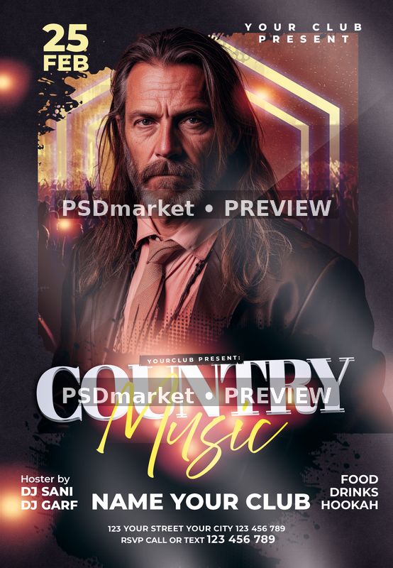 Dramatic Portrait Country Music Flyer PSD Template — PSD template preview