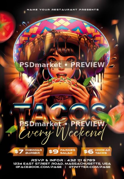 Dripping Taco Portrait Weekend Menu Flyer PSD Template — PSD template preview