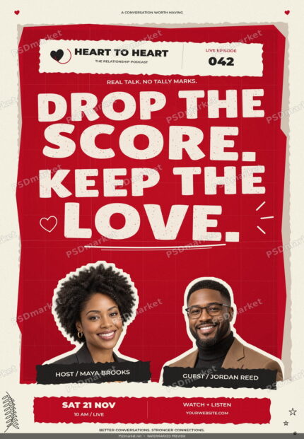 Watermarked Drop The Score podcast flyer in red and ivory with distressed editable lettering and two presenters.