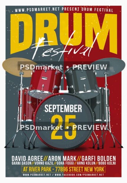 Drum Festival Red and Gray Kit Flyer PSD Template — PSD template preview