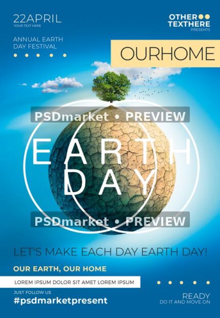 Blue Earth Day flyer with a cracked-earth sphere, green tree, white orbital rings, clouds, and cream title panels.